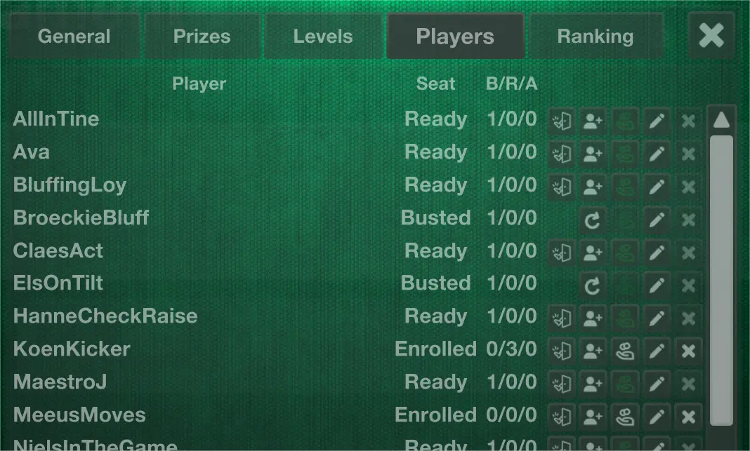 The players list with extra buttons